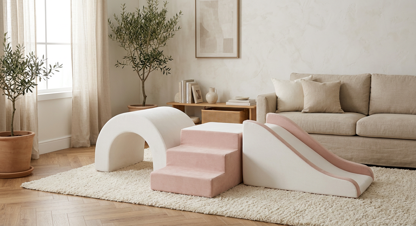 White and blush pink foam arch, steps and slide on a cream rug