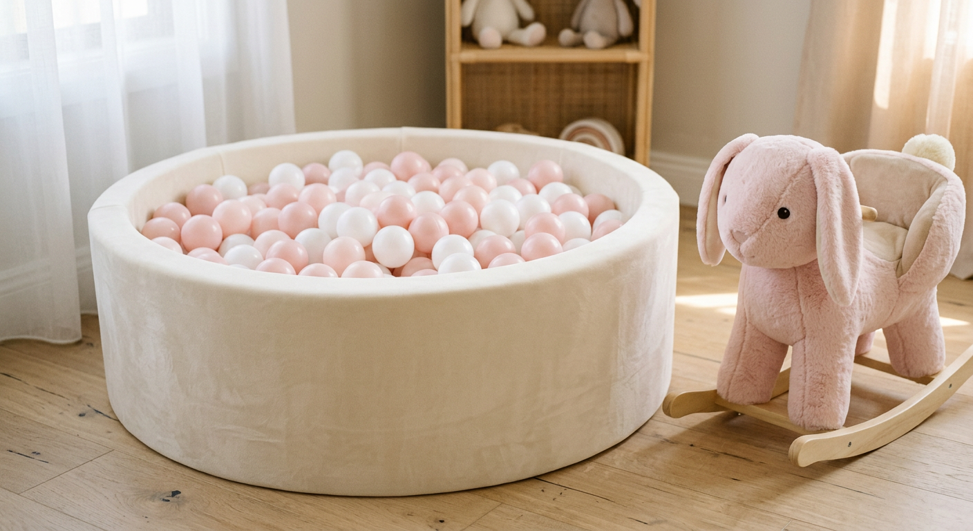 Cream ball pit with pink and white balls beside a pink bunny rocker