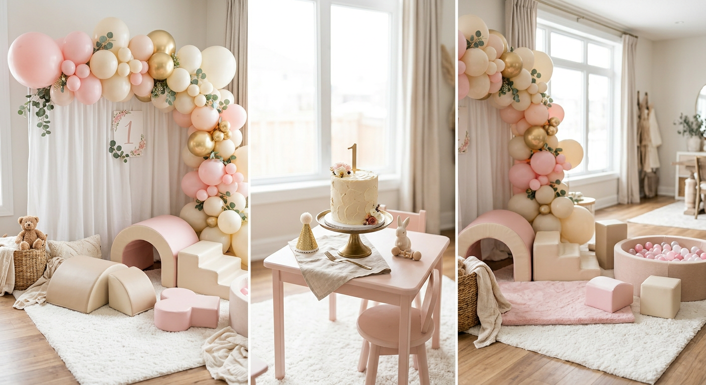 Pastel pink, cream and gold balloon garland beside soft play foam shapes and a small cake table